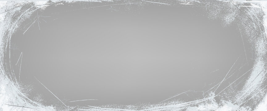 Ice grunge texture overlay on grey worn background with snow oval frame. Scratch effect on neutral rink surface with icy grunge edge for poster or print. Frost vector border in abstract winter tone.