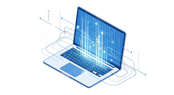 Isometric laptop with binary code flowing out, representing data processing.