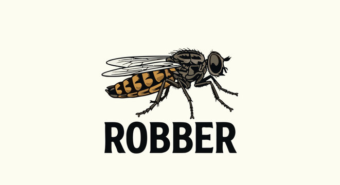 Graphic illustration of a robber fly with segmented abdomen and translucent wings, on a plain background