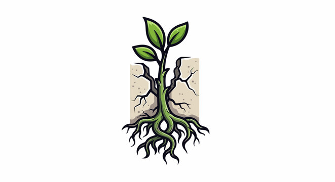 Green plant with roots breaking through cracked earth