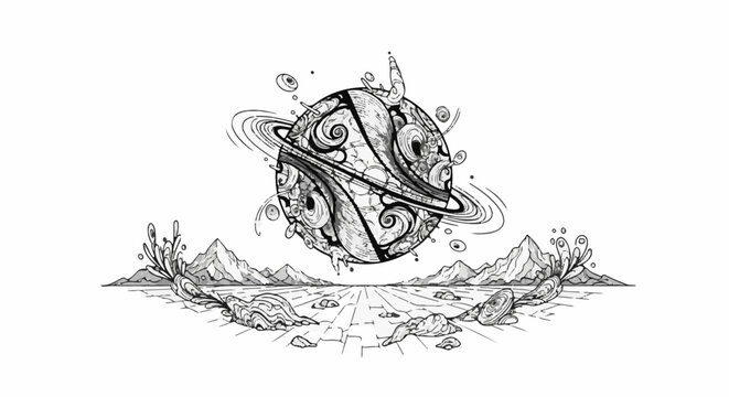 Surreal planet with swirling patterns and rings hovers over a rocky, patterned ground