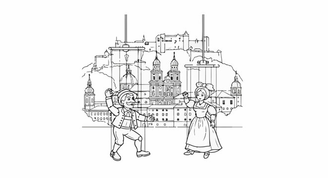 Animated figures dance before a scenic cityscape with historical buildings