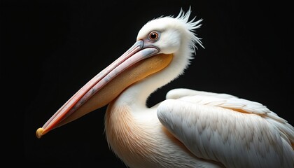 Fototapeta premium White pelican bird with long beak poses against dark background. Majestic water bird shows feathers and pouch. Wildlife portrait with focus on avian features and texture.