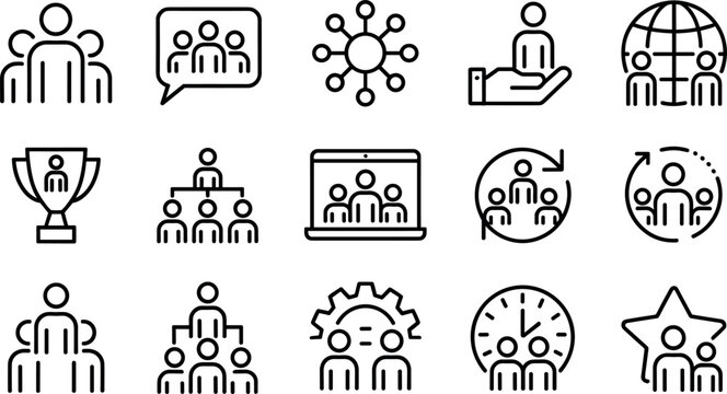 Team Management and Community Icon Set with Leadership, Networking, Collaboration, Global Workforce, Achievement, and Organizational Structure Symbols