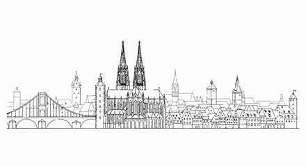Fototapeta premium Outline sketch of an historic European city skyline with a grand cathedral