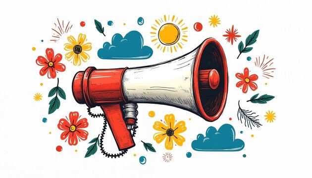 Red hand-drawn megaphone with flowers sun and clouds. Illustration announces spring sale or creative idea. Bright communication graphic conveys joy news.
