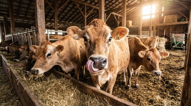 Brown Jersey cows feeding inside a rustic wooden barn with sunlight.
