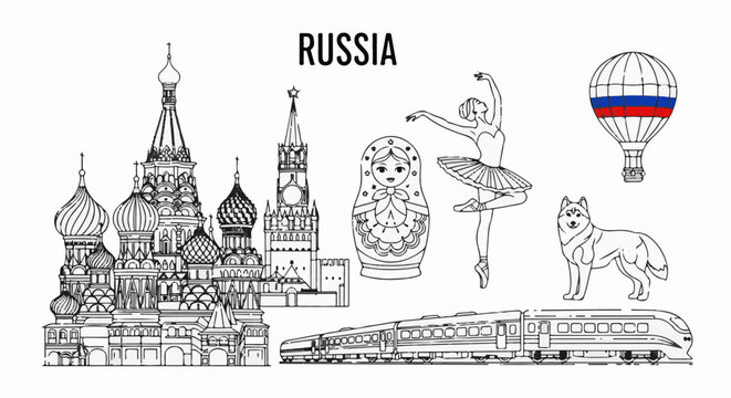 Russian icons cathedral, nesting doll, ballerina, husky, train, and balloon