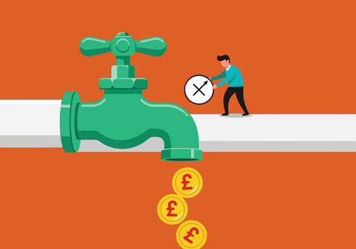 Businessman turning off a tap with a cross symbol to stop the flow of british pound coins, representing financial austerity or budget cuts
