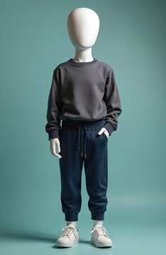 Child mannequin wears casual grey sweatshirt and dark blue joggers. Outfit includes white sneakers. Isolated against a teal studio background. Ready for retail display.
