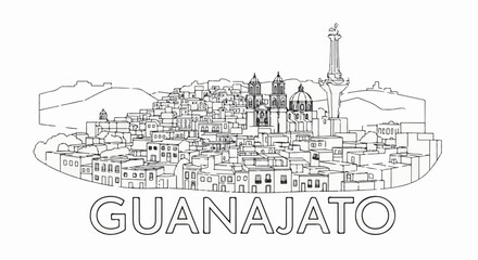 Fototapeta premium Sketch of a densely packed, hilly city skyline with ornate buildings and a prominent monument