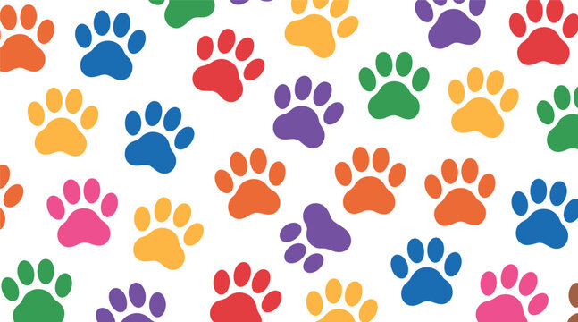 Vibrant colorful animal paw print seamless pattern background featuring multi-colored pet footprints for dog cat and animal lovers in a vector illustration