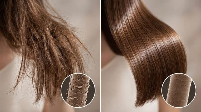 Comparison of damaged and healthy hair with microscopic cuticle view.