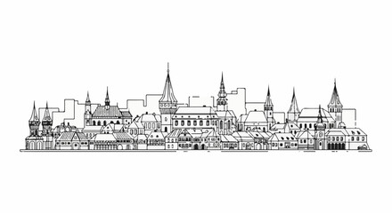 Fototapeta premium Detailed black and white line drawing of a European town skyline with spires and varied rooftops