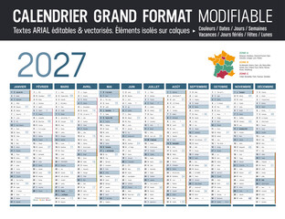 Obraz premium Calendrier Français 2027 modifiable, grand format France, éléments isolés sur calques, textes en Arial, éditables et vectorisés.