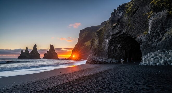 Dramatic Sunset Over Black Sand Beach and Sea Stacks.