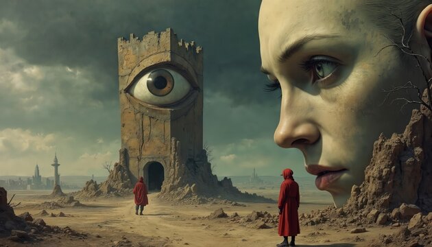 Giant eye tower in desert stares. Red cloaked figures walk towards it under dark sky. Huge face looms, evoking dystopian surveillance state and lack of privacy in society.