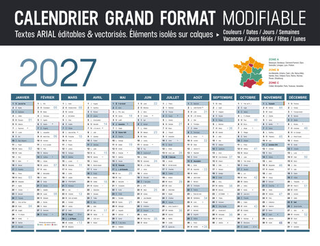 Calendrier Fran&ccedil;ais 2027 modifiable, grand format France, &eacute;l&eacute;ments isol&eacute;s sur calques, textes en Arial, &eacute;ditables et vectoris&eacute;s.