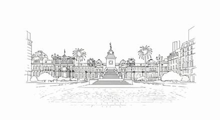 Fototapeta premium Ornate buildings surround a central monument on a stone-paved plaza with palm trees