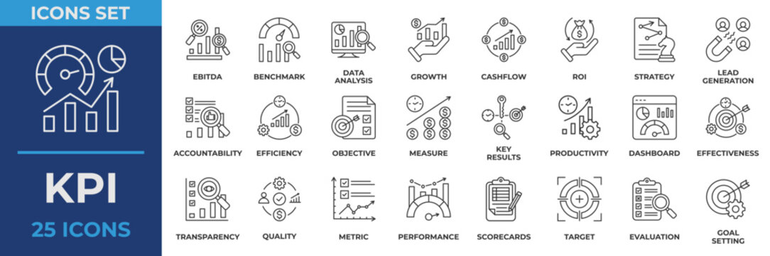 KPI icon set collection in line style, an icon pack contain business, performance, productivity, quality, target, goal, strategy and more. Vector Illustration.
