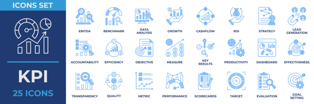 KPI icon set collection in blue line style, an icon pack contain business, performance, productivity, quality, target, goal, strategy and more. Vector Illustration.