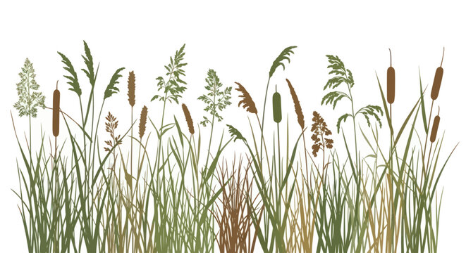 Diverse wild grass and wetland plant silhouettes forming a natural border.