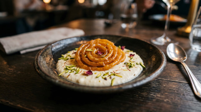 A gourmet presentation of golden jalebi on a bed of creamy rabri garnished with pistachios and rose petals in a dark bowl on a wooden table.
