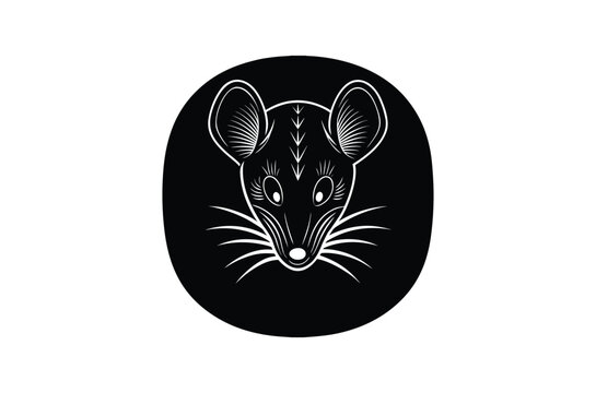 Detailed black and white illustration of a mouse s head within an oval frame