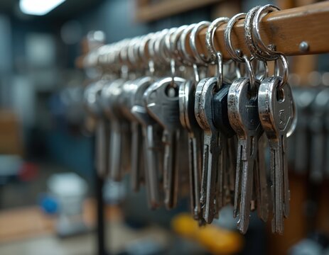 Metal keys hang on rings in a locksmith shop. Various keys are displayed in a row. Pro service for key cutting and duplication is offered for homes and cars.