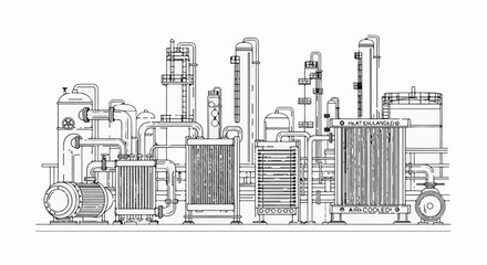 Naklejka premium Industrial plant with complex piping and heat exchangers