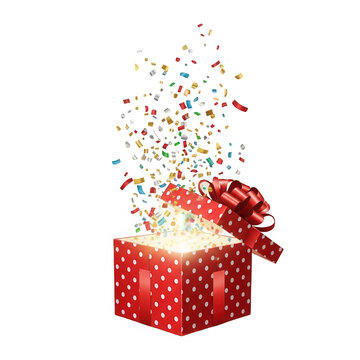 A red gift box with white polka dots and a ribbon exploding with confetti isolated on transparent background