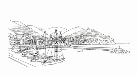 Obraz premium Detailed line drawing of a coastal town with sailboats moored in a harbor