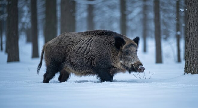 A wild boar walks through snowy forest