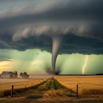 Dramatic Tornado Touches Down in Rural Landscape with Lightning.