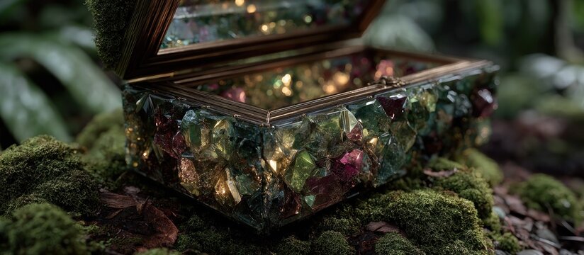 Ornate box with gemstone inlay sits in moss