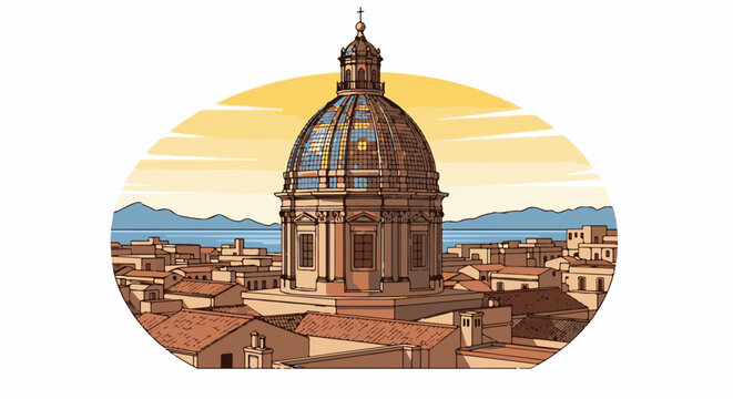 A domed structure rises above a coastal city with hills in the background