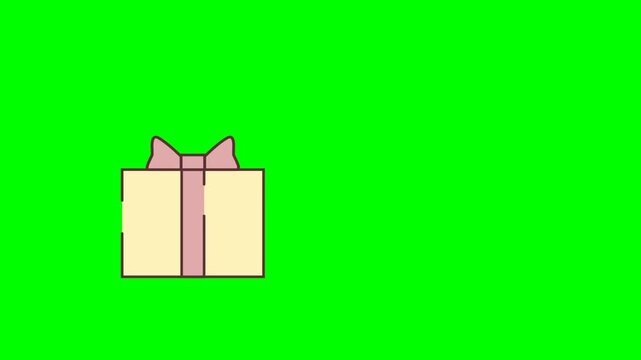 Yellow gift box with a red ribbon. Surprise, gift, holiday occasion, romantic date, courtship. Box grows, and the bow on the box grows. 2D flat animation for banners. Alpha channel. Looped video