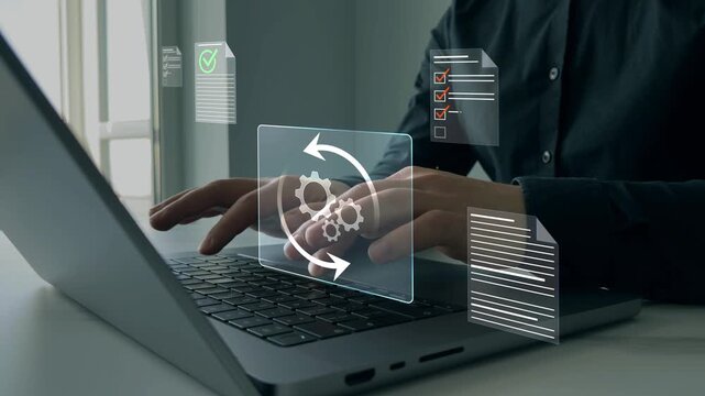 Quality Standard Approval Assurance productivity concept. Businessman check virtual electronic documents and checklist approve.