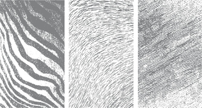 Three abstract grey and white textured patterns resembling zebra stripes wood grain and diagonal lines