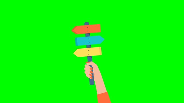 Direction indicator. Woman holds a direction indicator. Wpman compares options, choosing between two things. Three colored arrows indicate direction. Looped video. 2D flat animation. Alpha channel