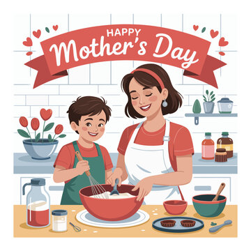 Mother and son baking for happy mother's day, heartwarming kitchen scene.
