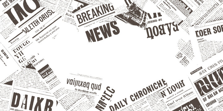 Scattered vintage newspaper pages with bold headlines and text fragments