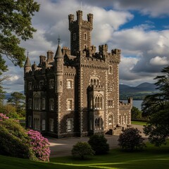 Obraz premium Dramatic View of Historic Castle with Lush Green Landscape.