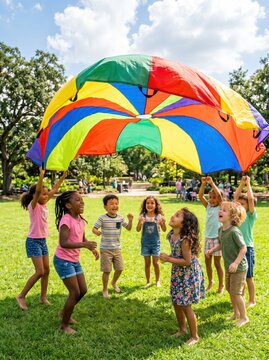 Children playing with colorful parachutes in a group outdoor activity at a park.