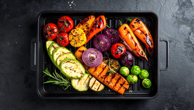 Colorful grilled vegetables on barbecue grill top view vibrant healthy food cooking composition