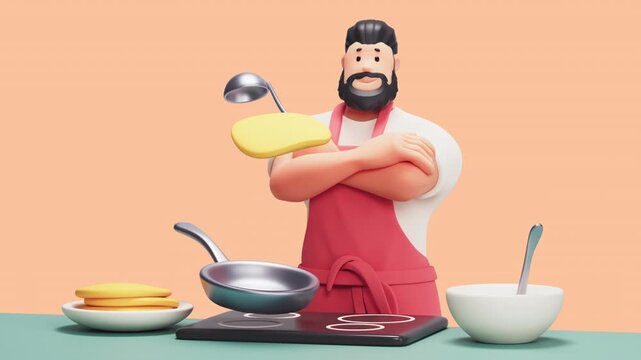 3D animation. Seamless loop. Stylized muscular chef in a red apron nods. Close-up view of a floating pan flipping a pancake above an induction hob. A spoon stirs batter. Vivid orange background.