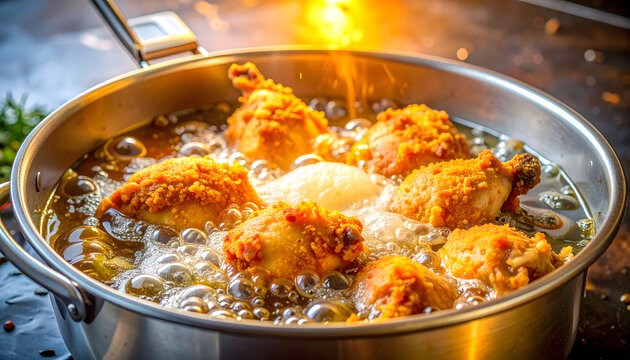 Chicken deep frying in hot oil close up bubbling texture crispy cooking process appetizing