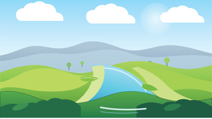Fototapeta premium Vibrant Vector Landscape Illustration with Green Rolling Hills, a Majestic Dam, and Clear Blue Sky – Modern Digital Scenery