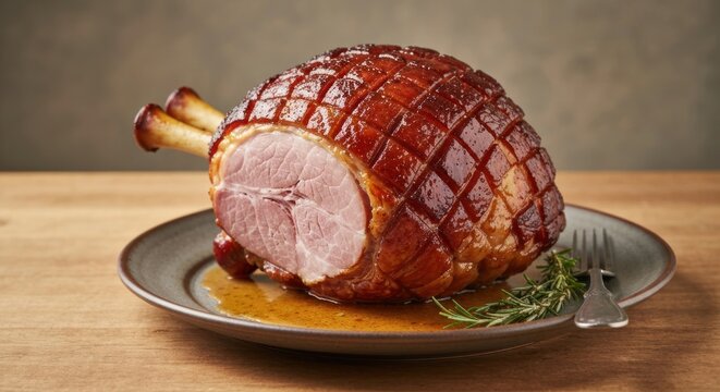 Juicy roasted ham with criss-cross pattern, on a plate with gravy