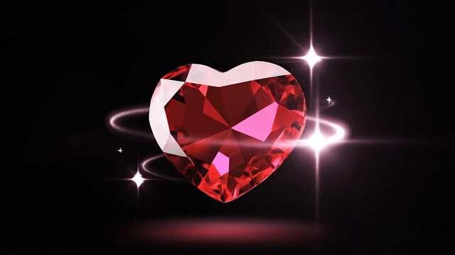Stunning Red Heart Shaped Ruby Gemstone Spinning On A Black Background With Glowing Light Effects